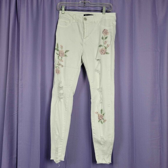 Boom Boom Jeans White Distressed With Cross-stitch Pattern - Picture 1 of 4